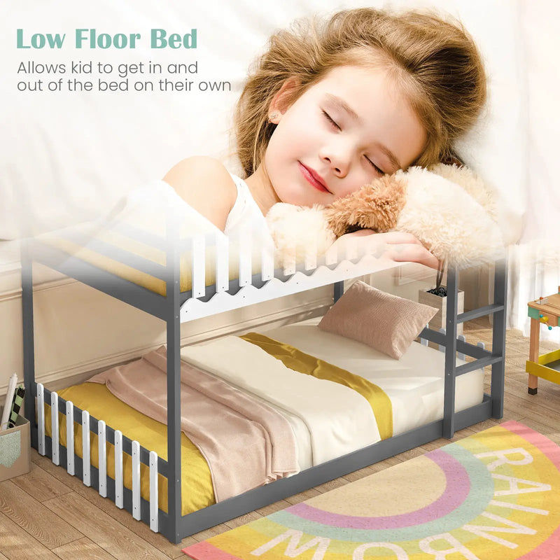 Twin Over Twin Bunk Bed with Fence and Ladder for Kids by DirectDeals