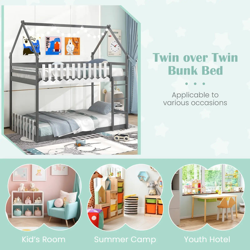 Twin Over Twin Bunk Bed with Fence and Ladder for Kids by DirectDeals
