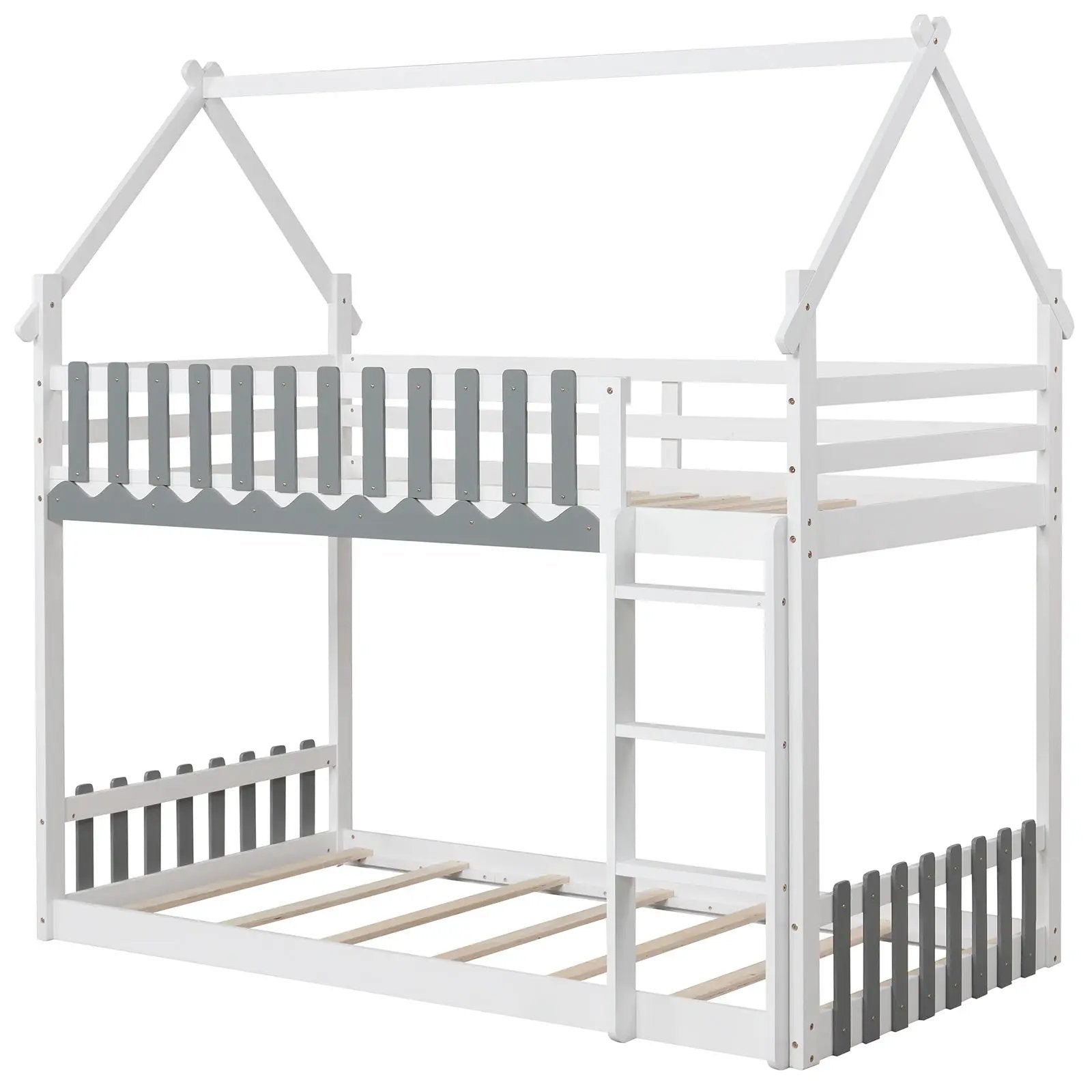 Twin Over Twin Bunk Bed with Fence and Ladder for Kids by DirectDeals