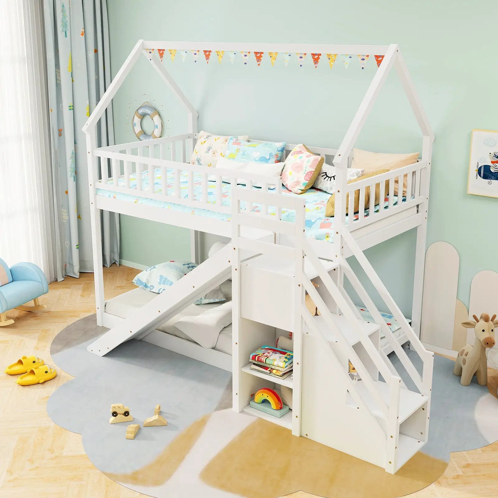 Twin Over Twin Bunk Bed with Slide and Staircase-White by DirectDeals