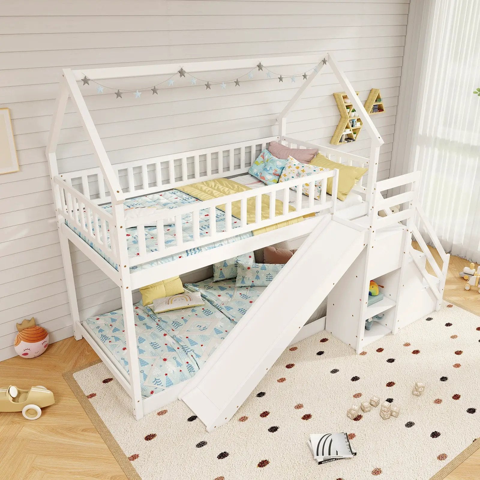 Twin Over Twin Bunk Bed with Slide and Staircase-White by DirectDeals