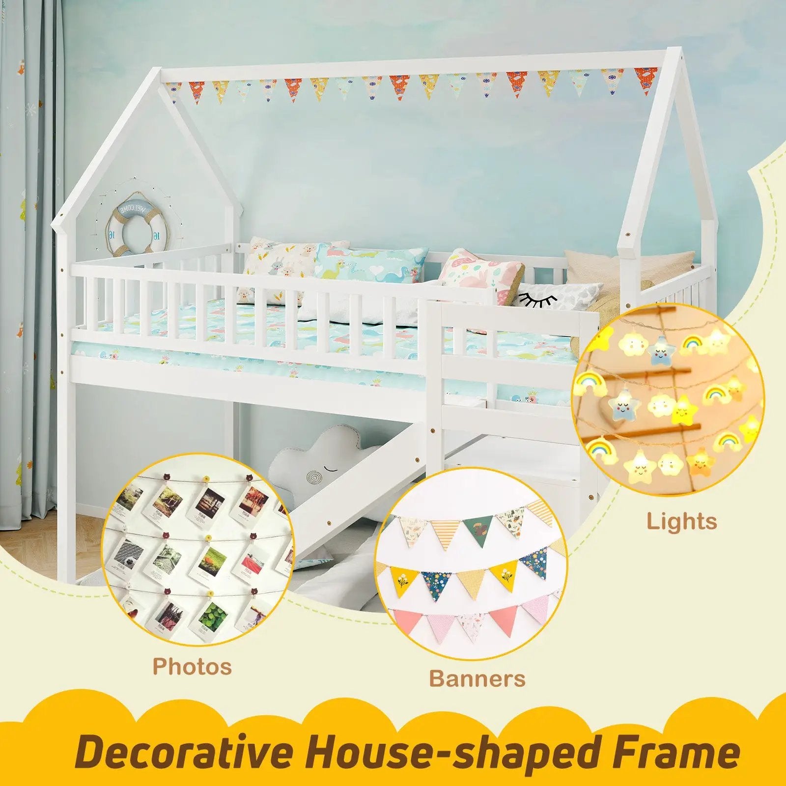 Twin Over Twin Bunk Bed with Slide and Staircase-White by DirectDeals