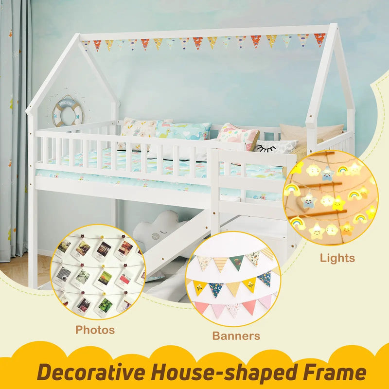Twin Over Twin Bunk Bed with Slide and Staircase-White by DirectDeals