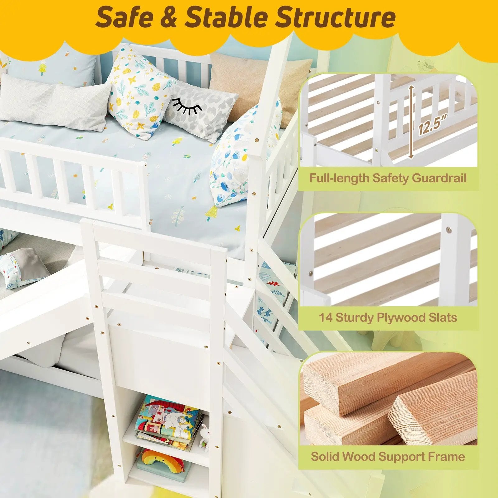 Twin Over Twin Bunk Bed with Slide and Staircase-White by DirectDeals