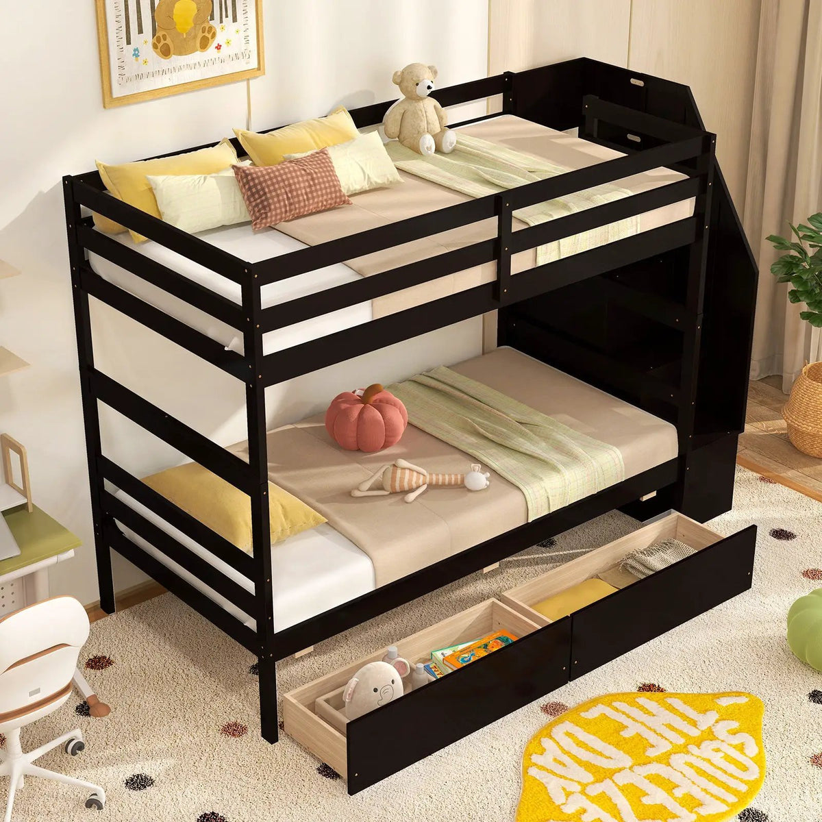 Twin Over Twin Bunk Bed with Storage Stairs and Drawers