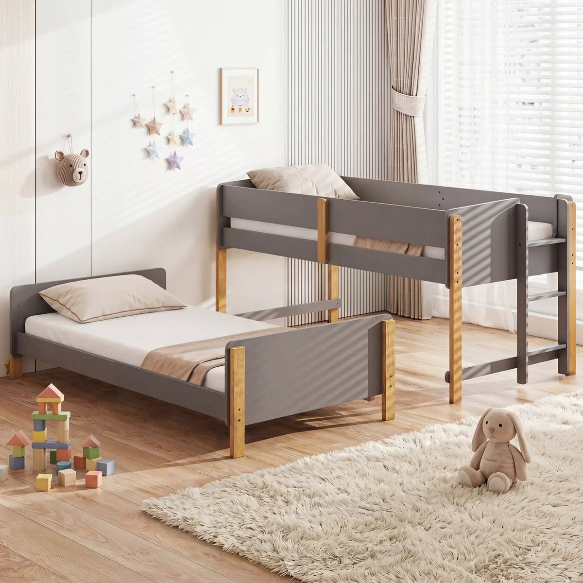 Twin Over Twin Bunk Bed with Convertible Design and Ladder, photo 14 of 16