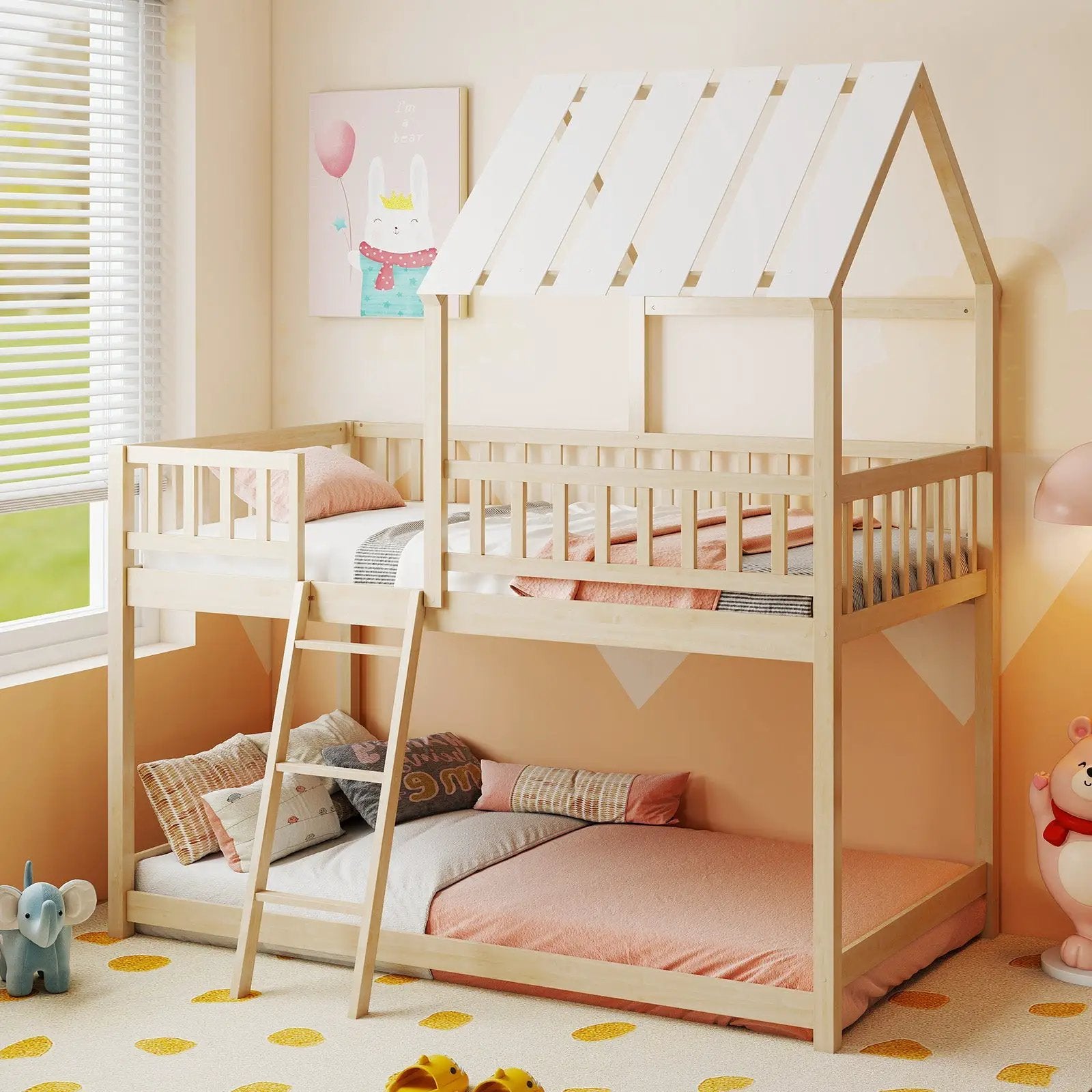 Twin Over Twin House Bunk Bed with Roof and Full-length Guardrails for Kids Teens Boys Girls by DirectDeals