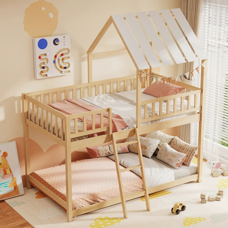 Twin Over Twin House Bunk Bed with Roof and Full-length Guardrails for Kids Teens Boys Girls by DirectDeals