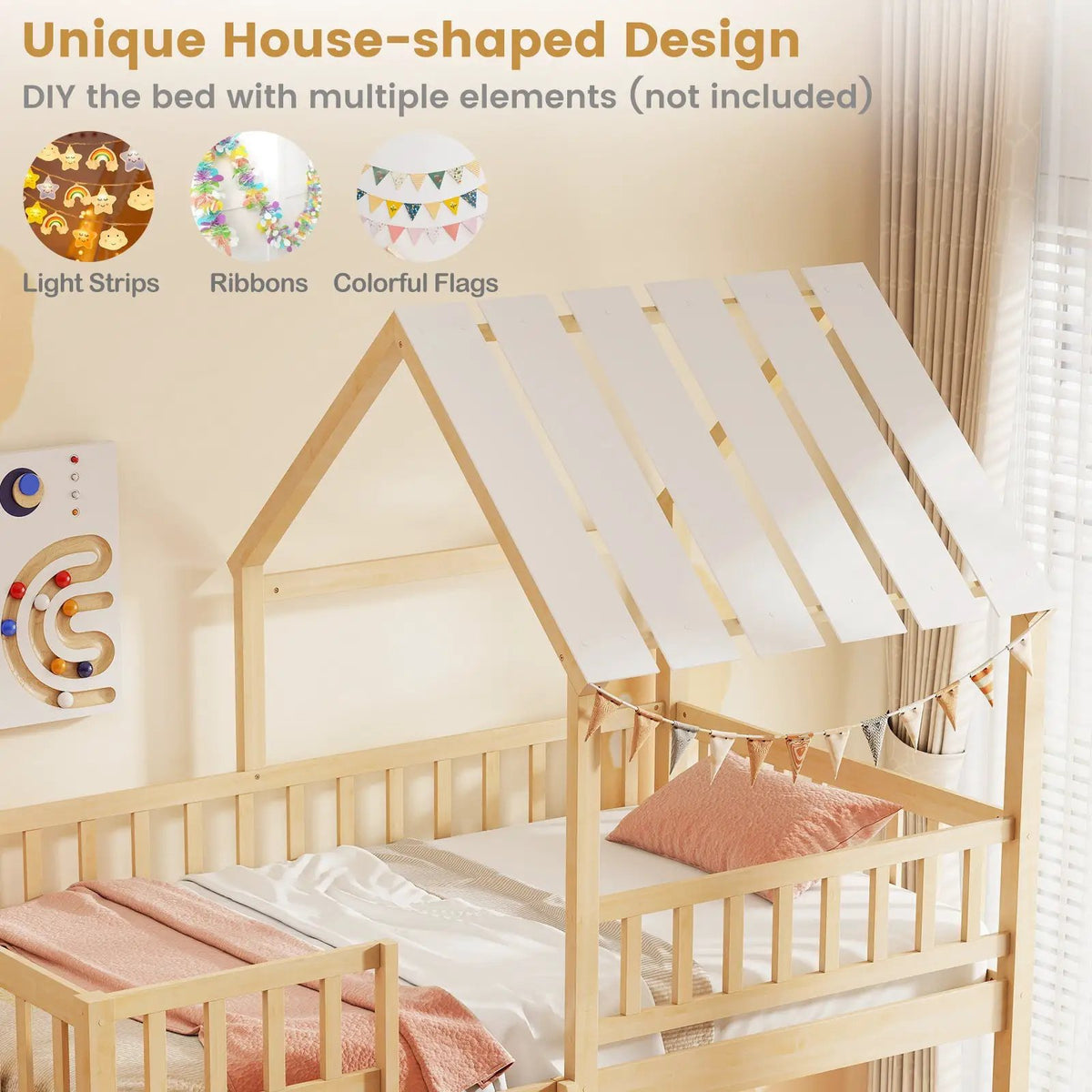 Twin Over Twin House Bunk Bed with Roof and Full-length Guardrails for Kids Teens Boys Girls, photo 4 of 16
