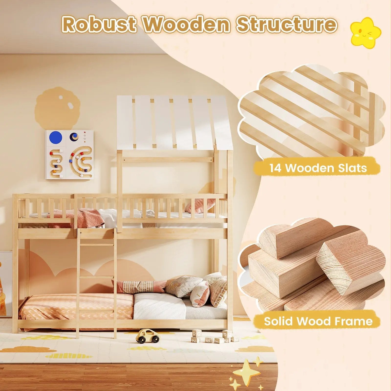 Twin Over Twin House Bunk Bed with Roof and Full-length Guardrails for Kids Teens Boys Girls by DirectDeals