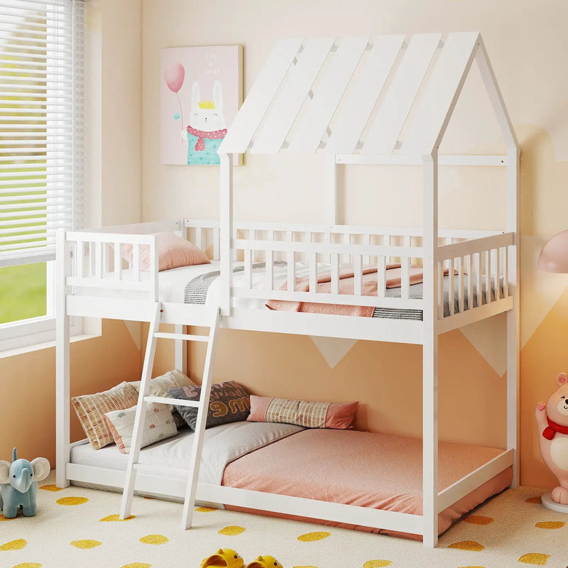 Twin Over Twin House Bunk Bed with Roof and Full-length Guardrails for Kids Teens Boys Girls by DirectDeals