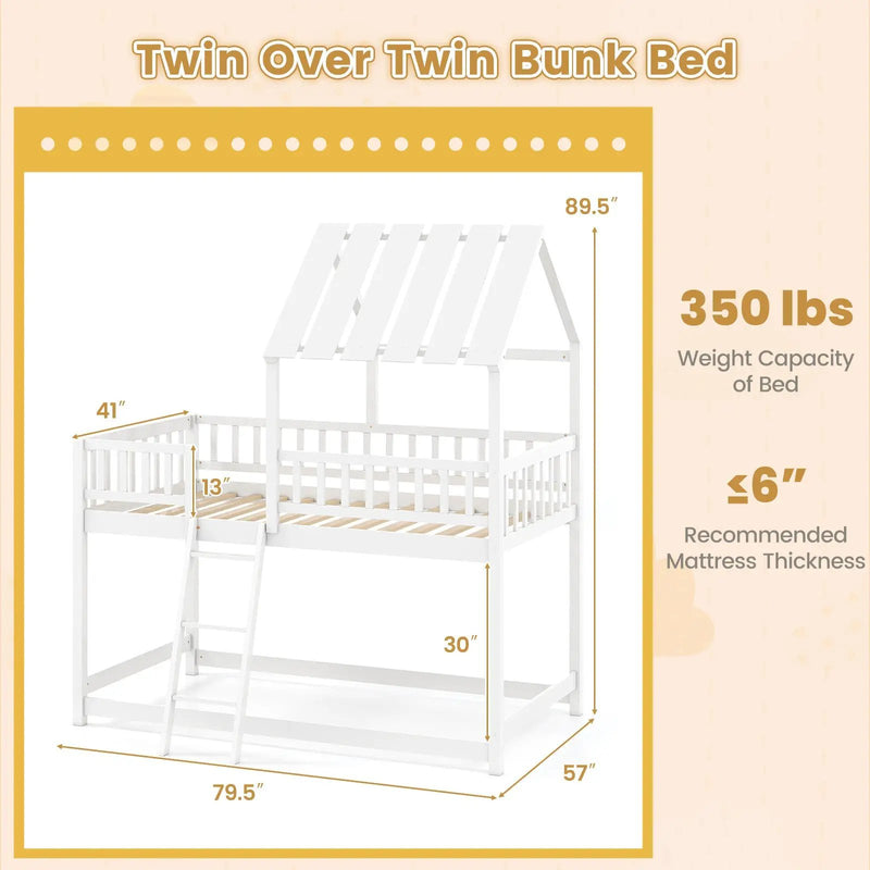 Twin Over Twin House Bunk Bed with Roof and Full-length Guardrails for Kids Teens Boys Girls by DirectDeals