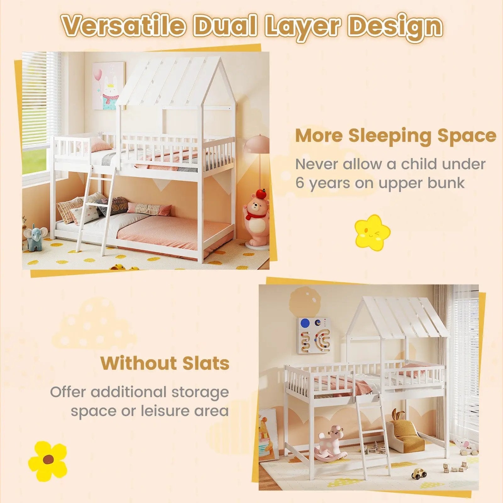 Twin Over Twin House Bunk Bed with Roof and Full-length Guardrails for Kids Teens Boys Girls by DirectDeals