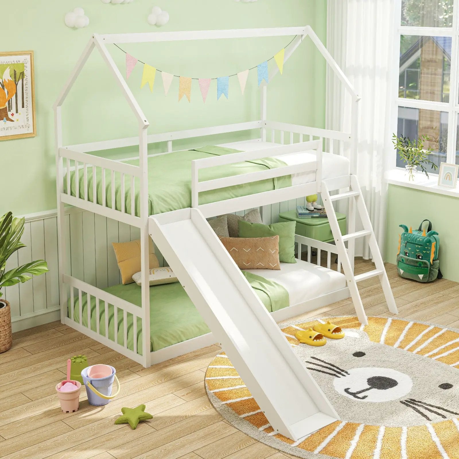 Twin Over Twin House Bunk Bed with Slide and Ladder-White by DirectDeals