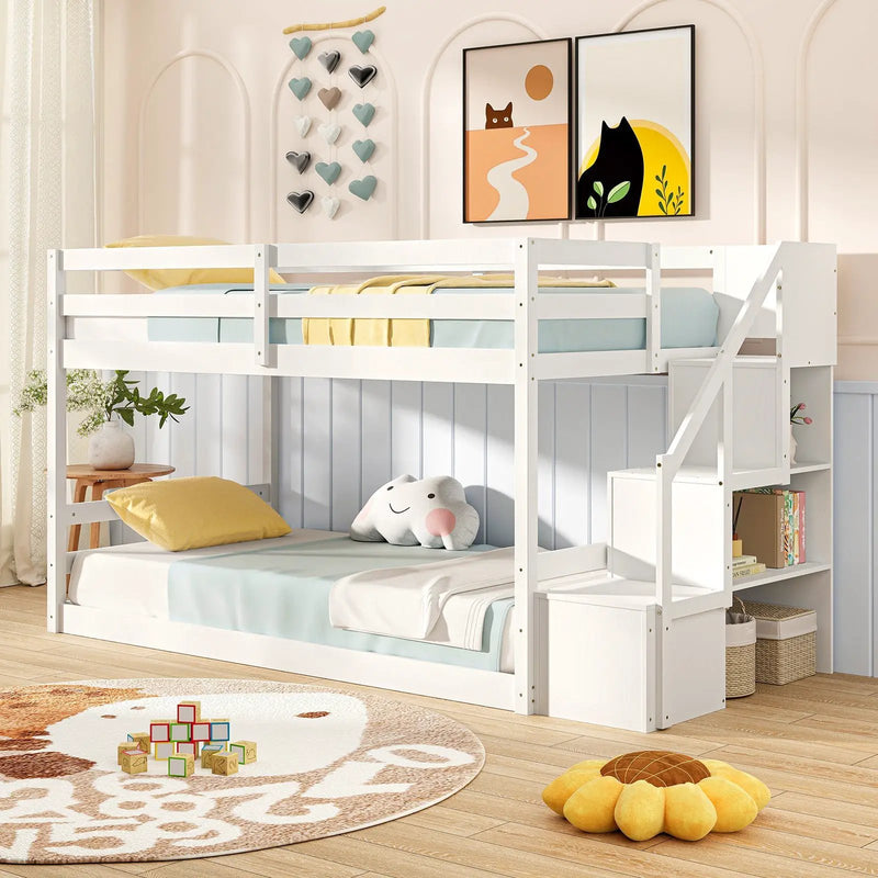 Twin Over Twin Low Bunk Bed with Storage Stairs Solid Wood Floor Bunk Bed Frame by DirectDeals