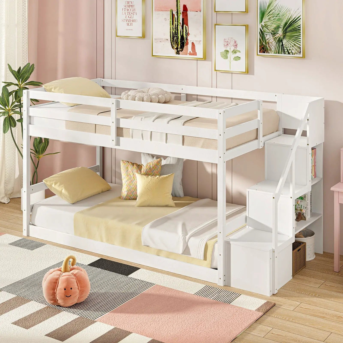 Twin Over Twin Low Bunk Bed with Storage Stairs Solid Wood Floor Bunk Bed Frame, photo 2 of 9