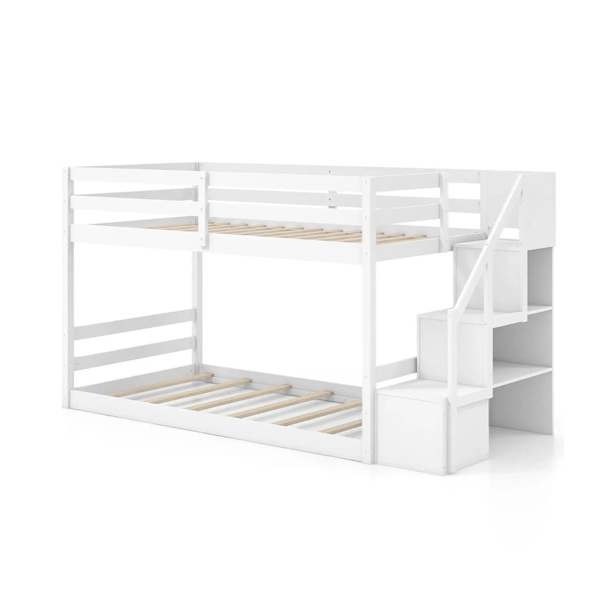 Twin Over Twin Low Bunk Bed with Storage Stairs Solid Wood Floor Bunk Bed Frame, photo 3 of 9
