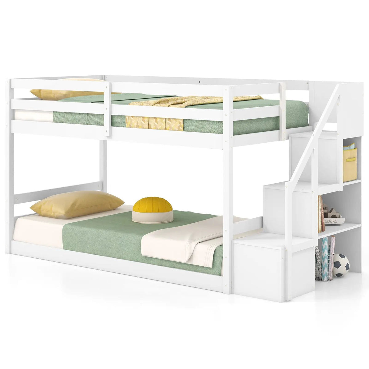 Twin Over Twin Low Bunk Bed with Storage Stairs Solid Wood Floor Bunk Bed Frame, photo 4 of 9