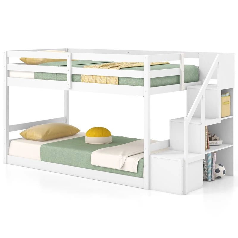 Twin Over Twin Low Bunk Bed with Storage Stairs Solid Wood Floor Bunk Bed Frame by DirectDeals