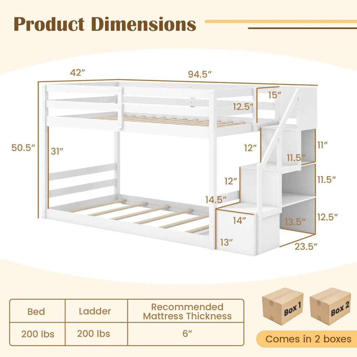 Twin Over Twin Low Bunk Bed with Storage Stairs Solid Wood Floor Bunk Bed Frame, photo 5 of 9