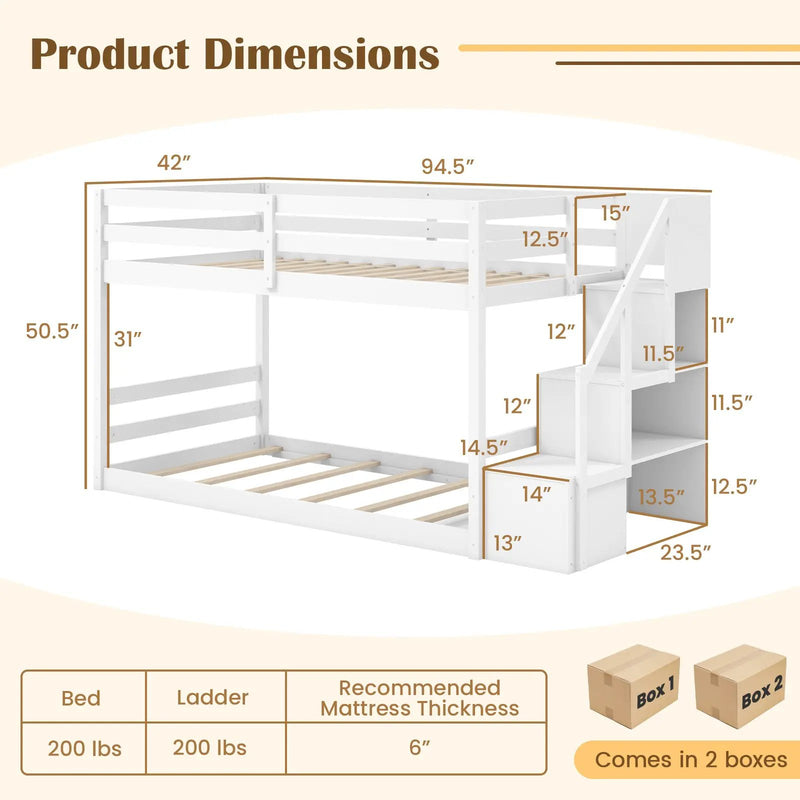 Twin Over Twin Low Bunk Bed with Storage Stairs Solid Wood Floor Bunk Bed Frame by DirectDeals