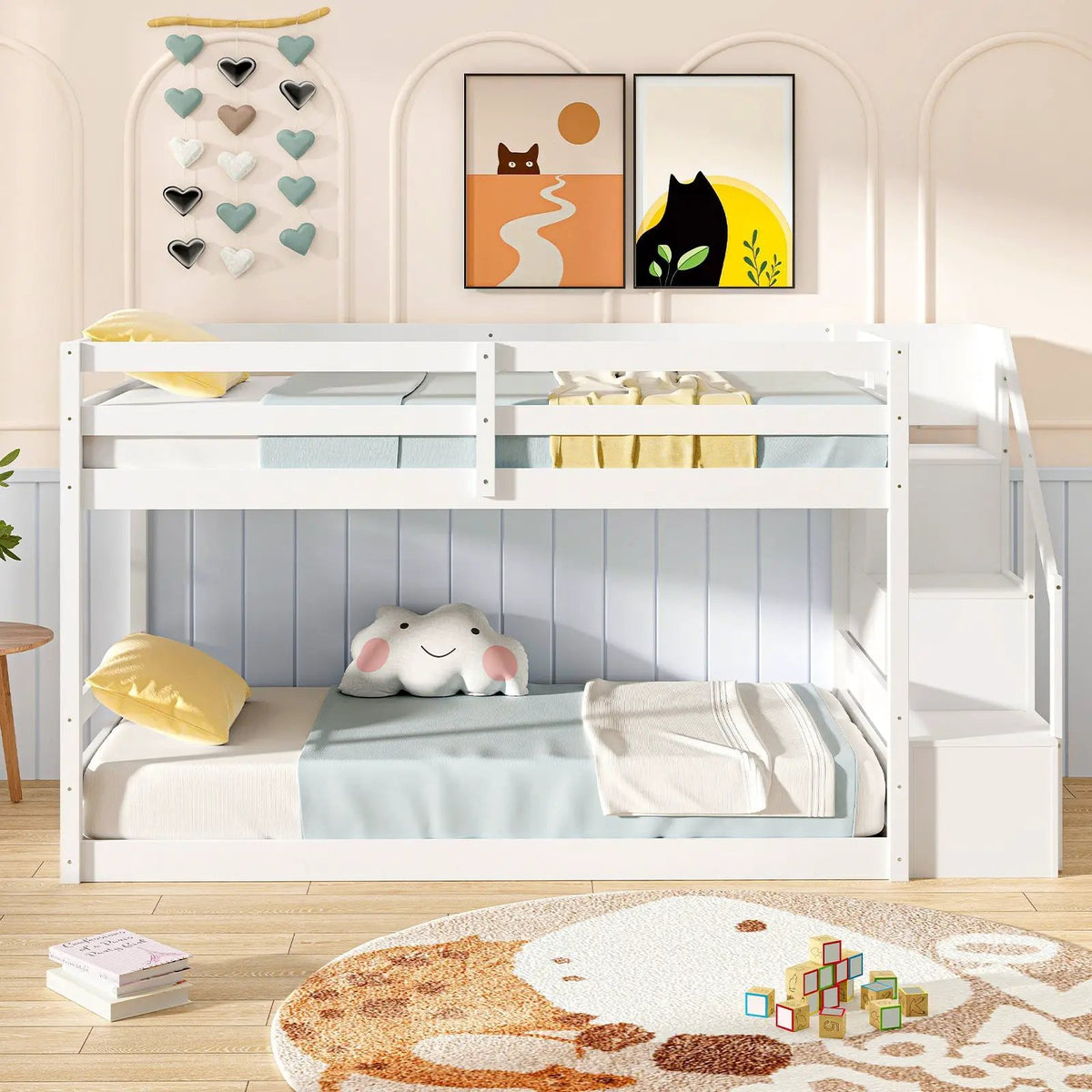 Twin Over Twin Low Bunk Bed with Storage Stairs Solid Wood Floor Bunk Bed Frame, photo 6 of 9