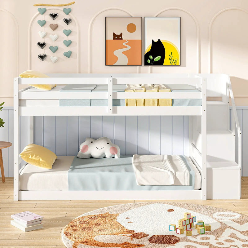 Twin Over Twin Low Bunk Bed with Storage Stairs Solid Wood Floor Bunk Bed Frame by DirectDeals