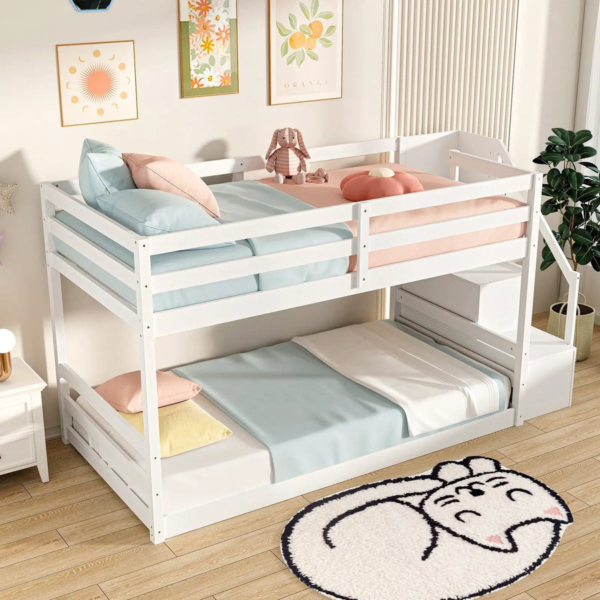 Twin Over Twin Low Bunk Bed with Storage Stairs Solid Wood Floor Bunk Bed Frame, photo 7 of 9
