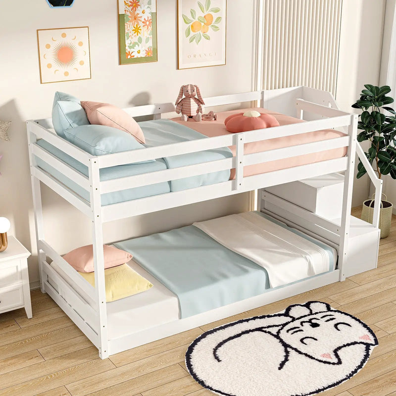 Twin Over Twin Low Bunk Bed with Storage Stairs Solid Wood Floor Bunk Bed Frame by DirectDeals