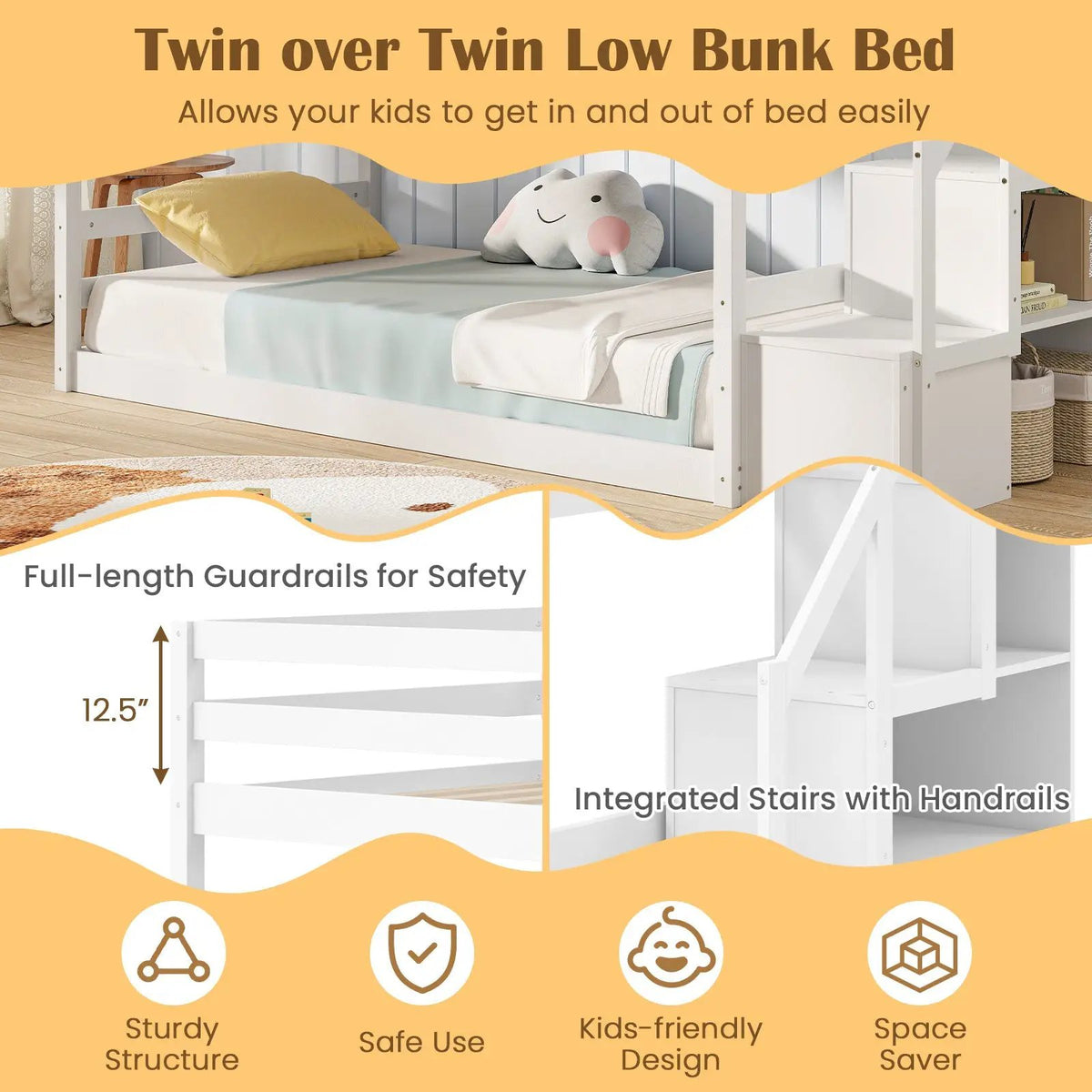 Twin Over Twin Low Bunk Bed with Storage Stairs Solid Wood Floor Bunk Bed Frame, photo 8 of 9