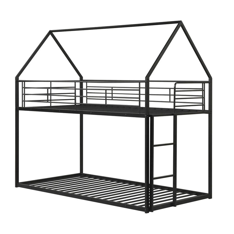 Twin Over Twin Metal Bunk Bed with Roof and Ladder by DirectDeals