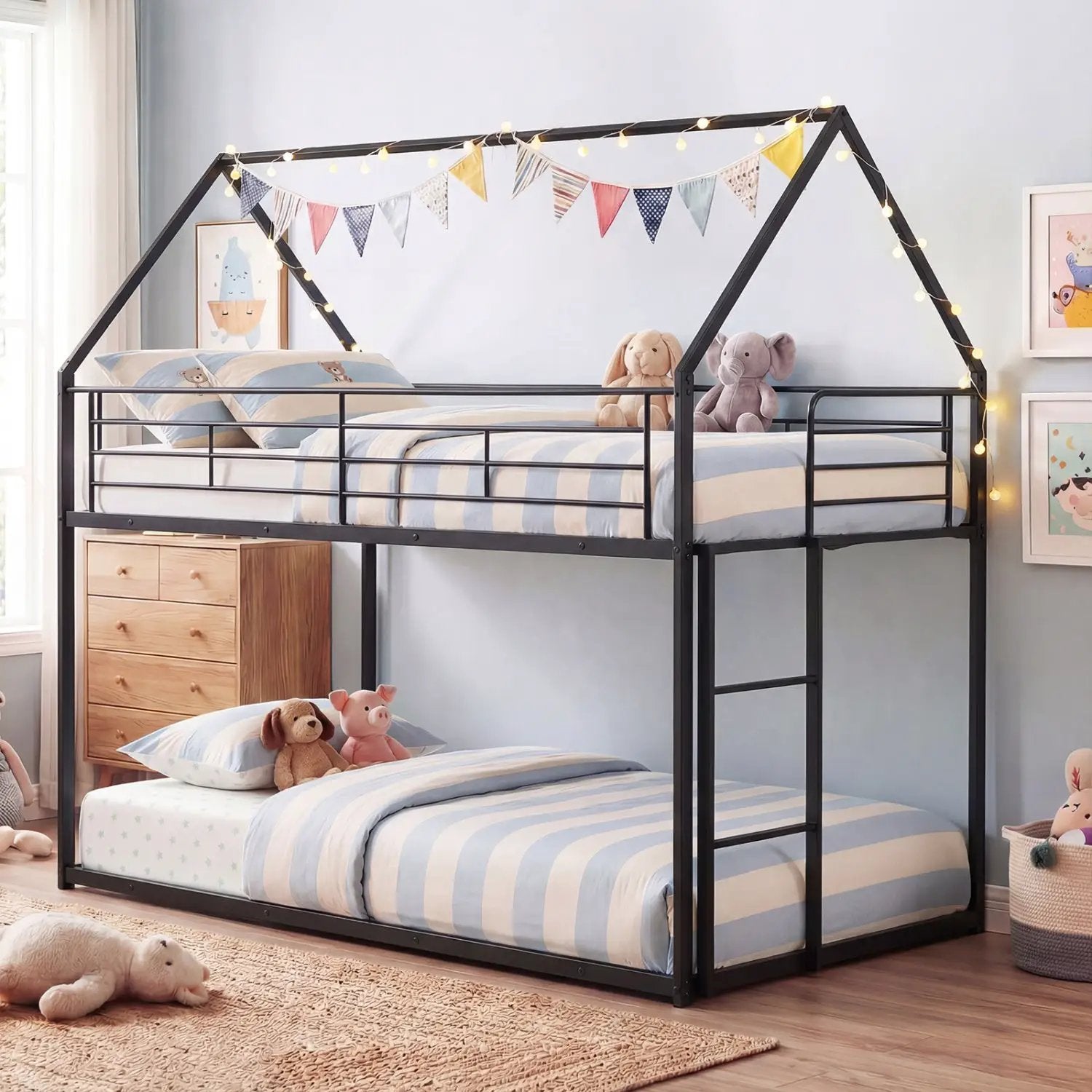 Twin Over Twin Metal Bunk Bed with Roof and Ladder by DirectDeals