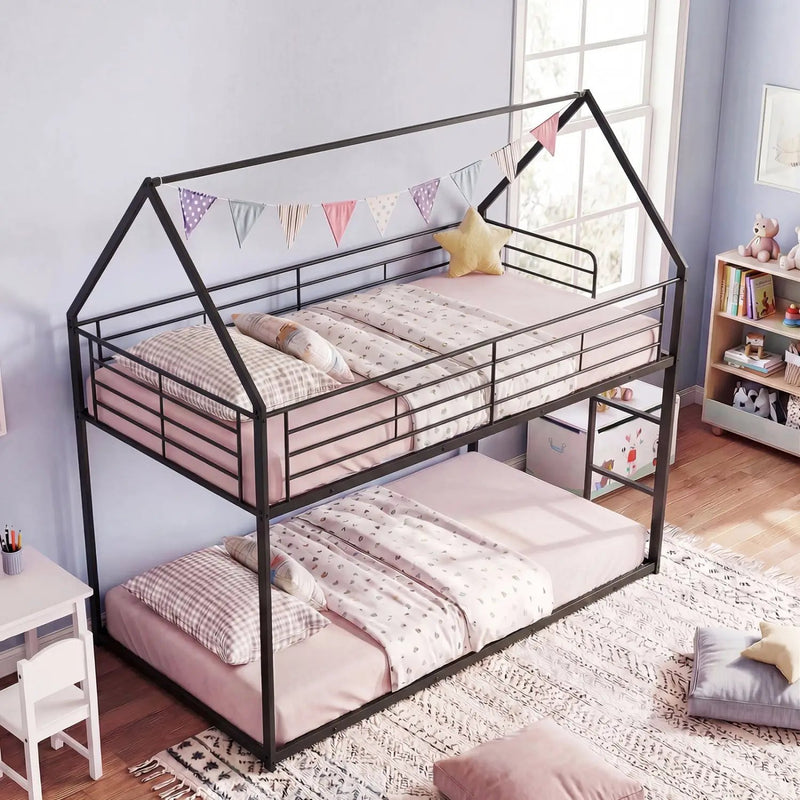 Twin Over Twin Metal Bunk Bed with Roof and Ladder by DirectDeals