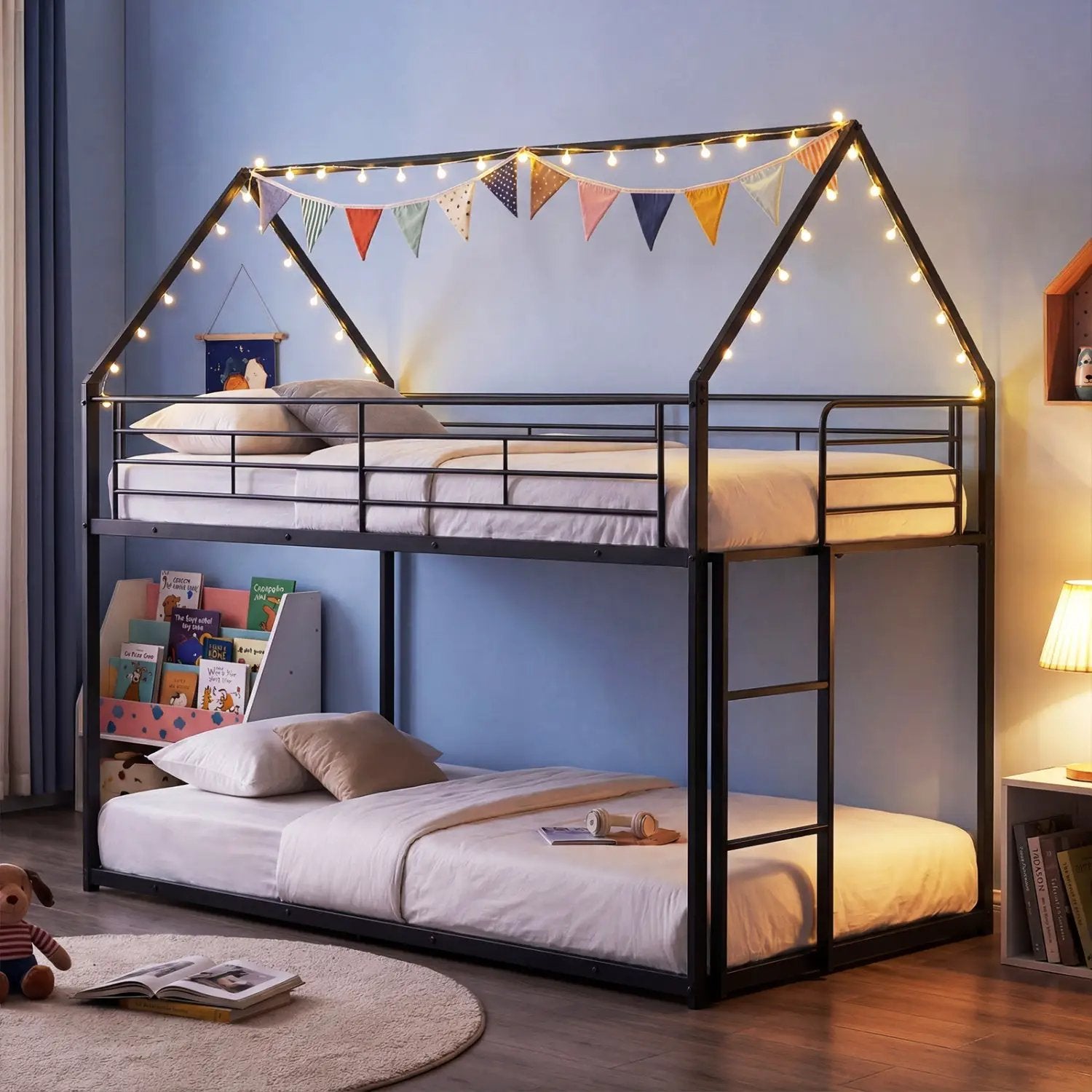 Twin Over Twin Metal Bunk Bed with Roof and Ladder by DirectDeals