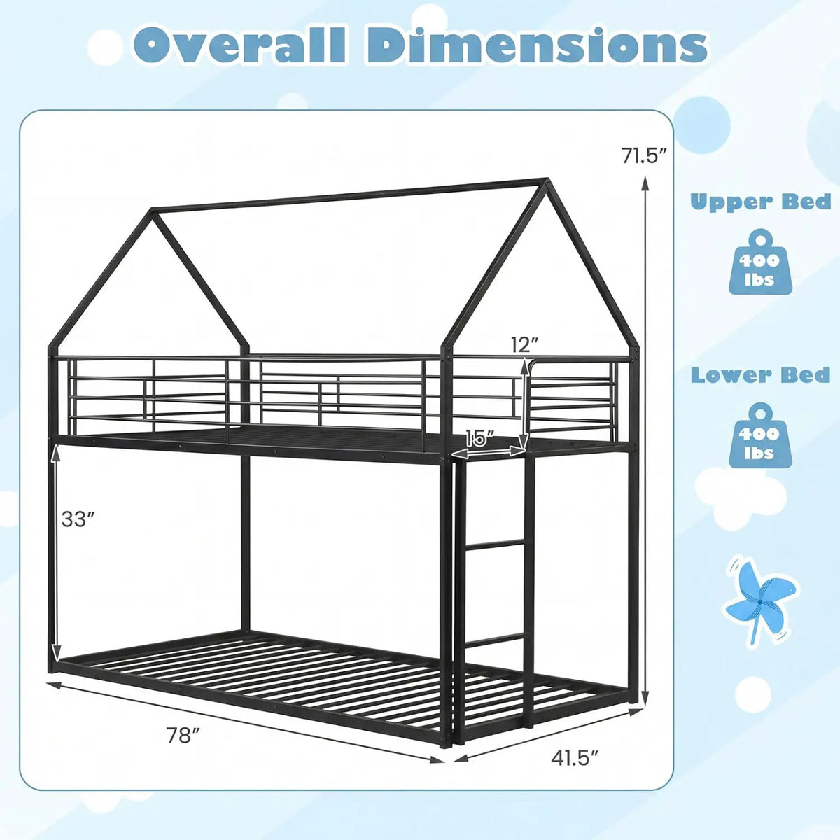Twin Over Twin Metal Bunk Bed with Roof and Ladder, photo 10 of 16