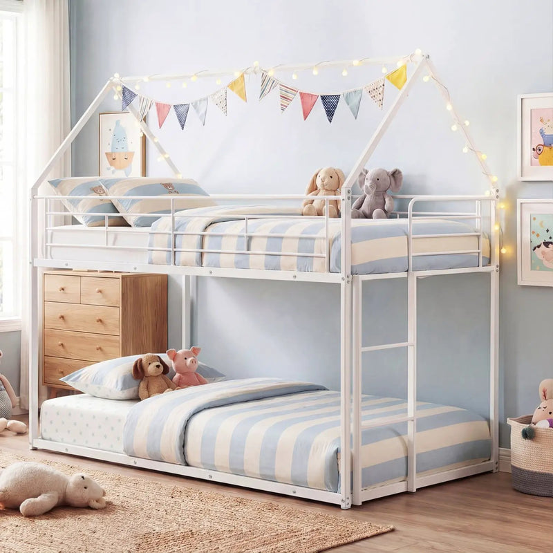 Twin Over Twin Metal Bunk Bed with Roof and Ladder by DirectDeals