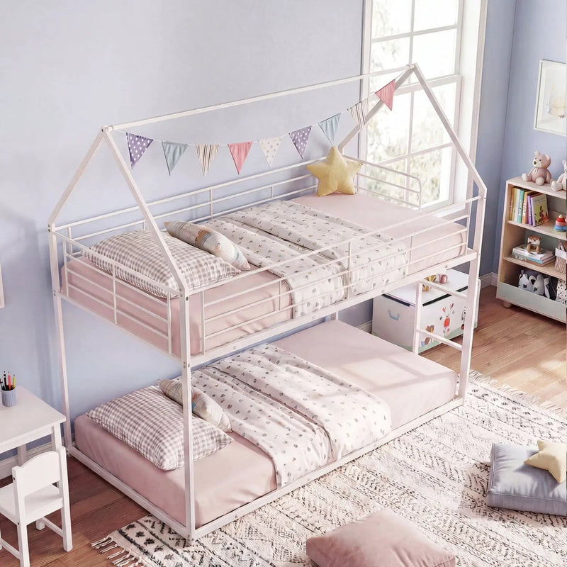 Twin Over Twin Metal Bunk Bed with Roof and Ladder by DirectDeals