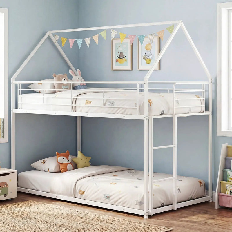 Twin Over Twin Metal Bunk Bed with Roof and Ladder by DirectDeals