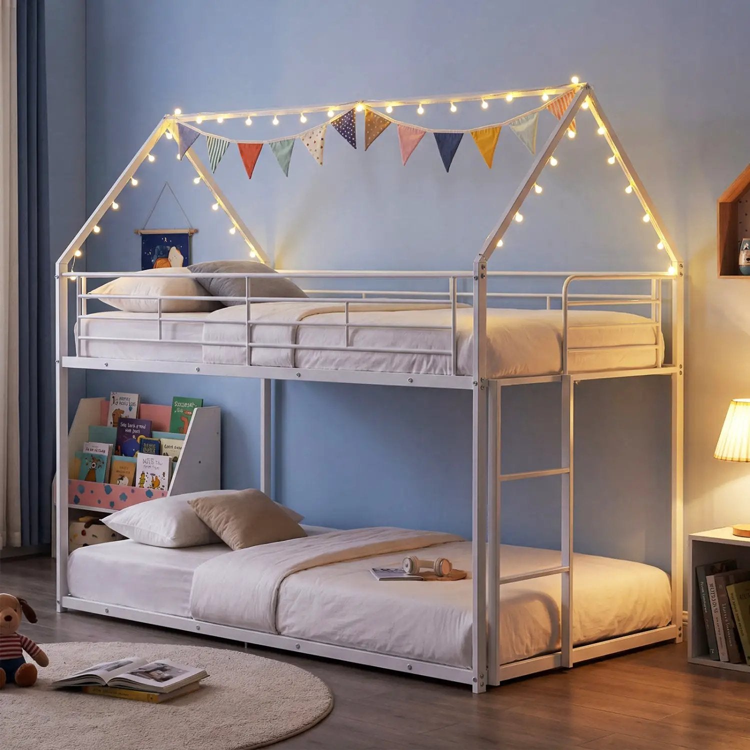 Twin Over Twin Metal Bunk Bed with Roof and Ladder by DirectDeals