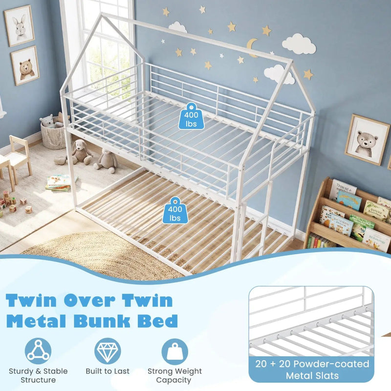 Twin Over Twin Metal Bunk Bed with Roof and Ladder by DirectDeals