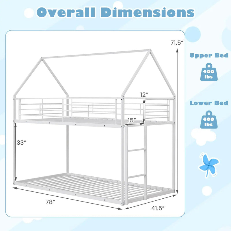Twin Over Twin Metal Bunk Bed with Roof and Ladder by DirectDeals