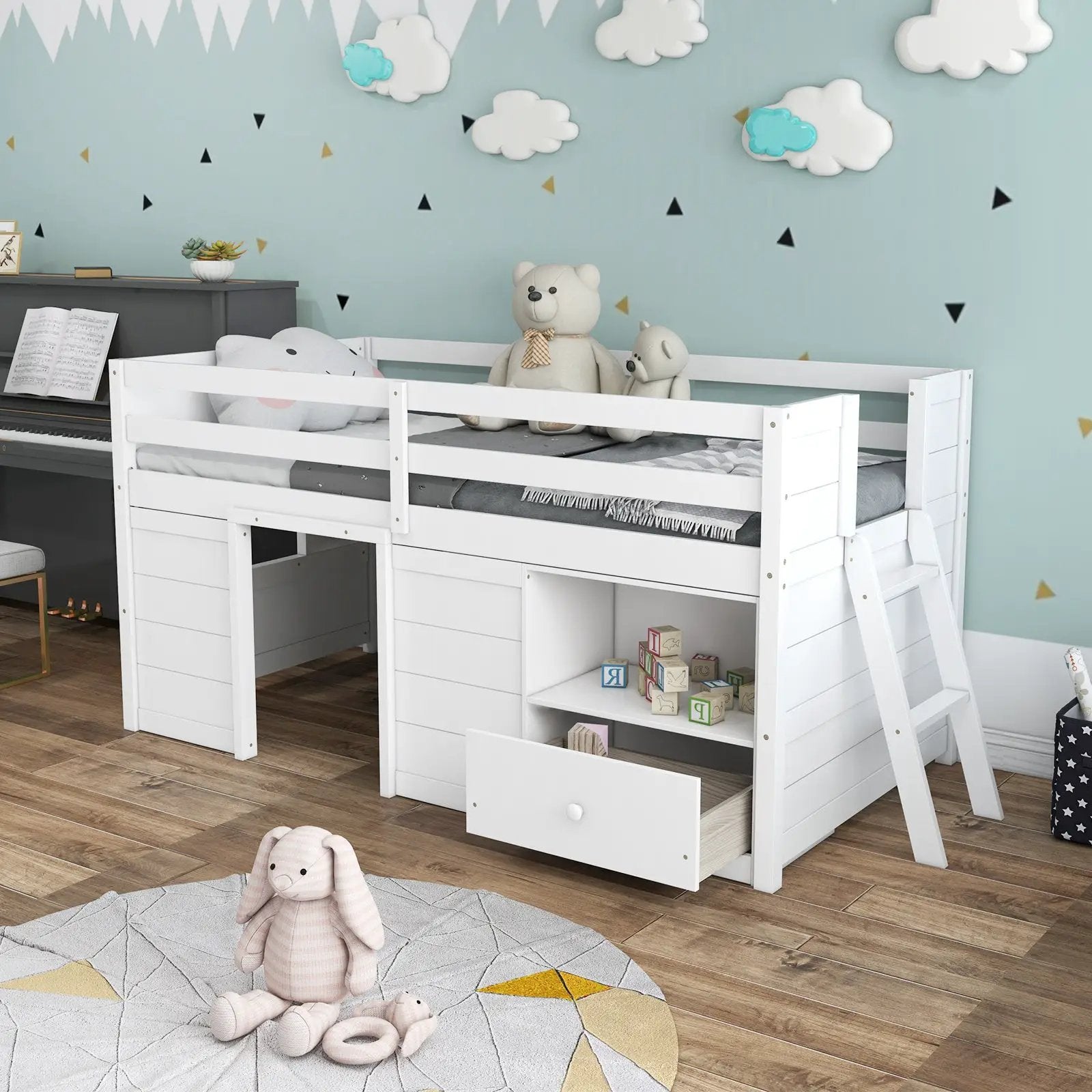 Twin Size Solid Wood Low Loft Bed with Storage and Drawer-White by DirectDeals