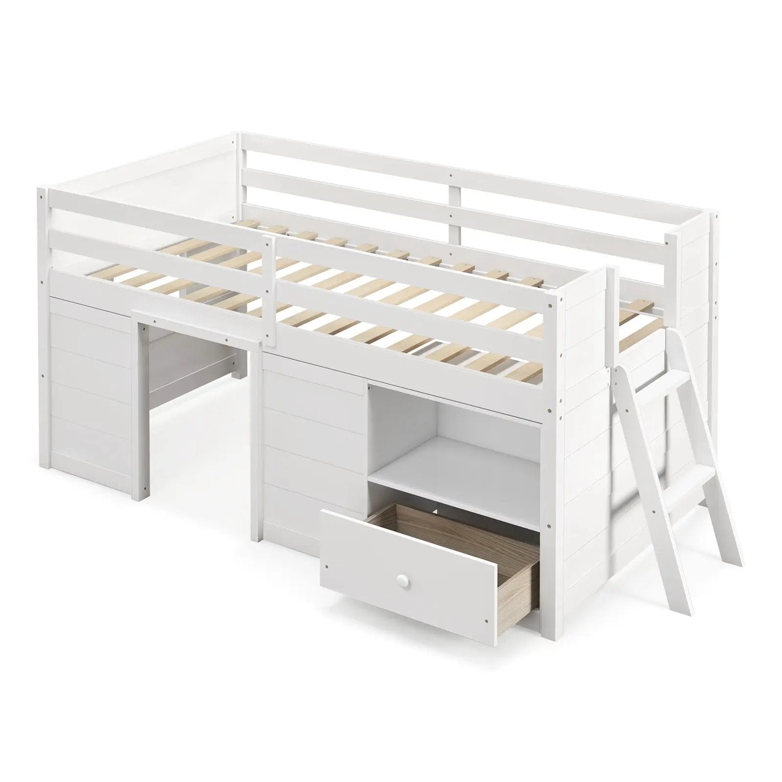 Twin Size Solid Wood Low Loft Bed with Storage and Drawer-White by DirectDeals