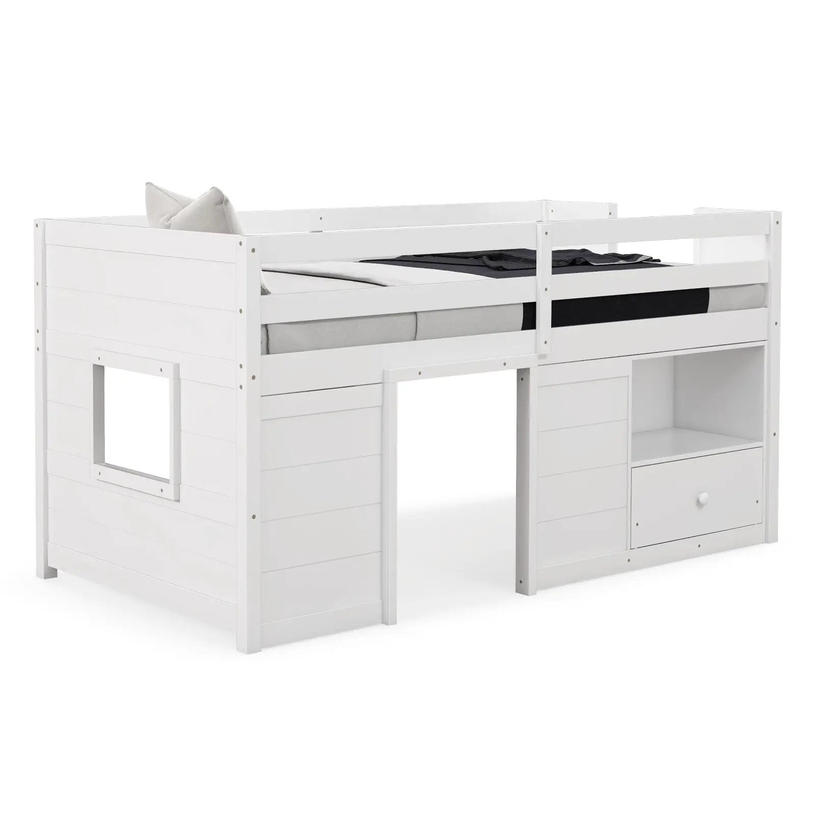 Twin Size Solid Wood Low Loft Bed with Storage and Drawer-White by DirectDeals