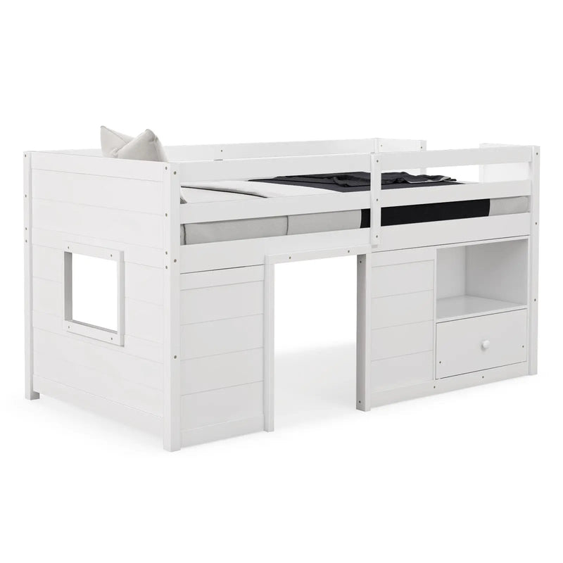 Twin Size Solid Wood Low Loft Bed with Storage and Drawer-White by DirectDeals