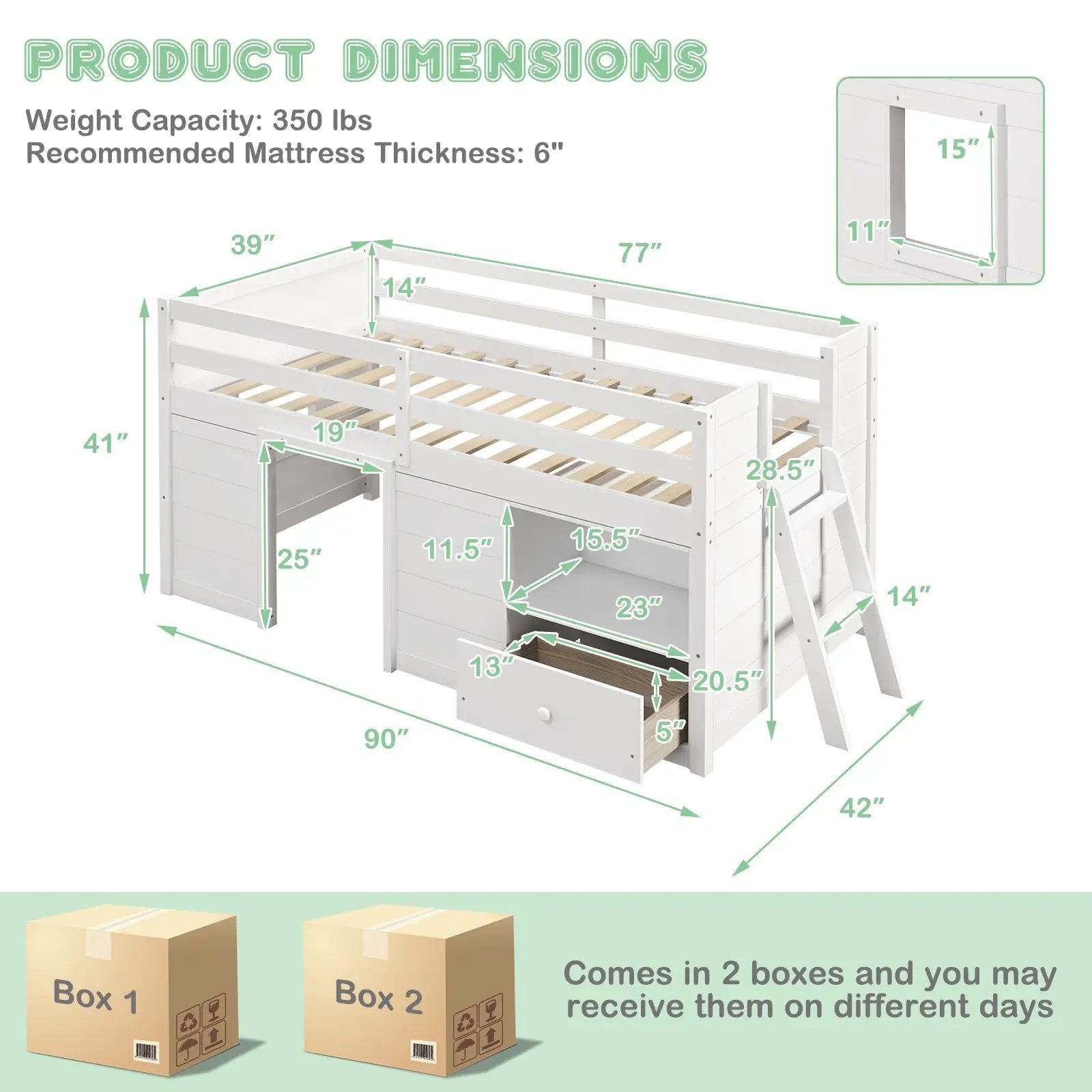 Twin Size Solid Wood Low Loft Bed with Storage and Drawer-White by DirectDeals
