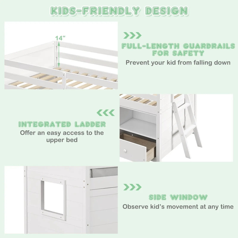 Twin Size Solid Wood Low Loft Bed with Storage and Drawer-White by DirectDeals
