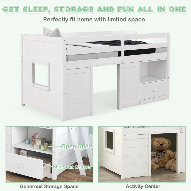 Twin Size Solid Wood Low Loft Bed with Storage and Drawer-White by DirectDeals