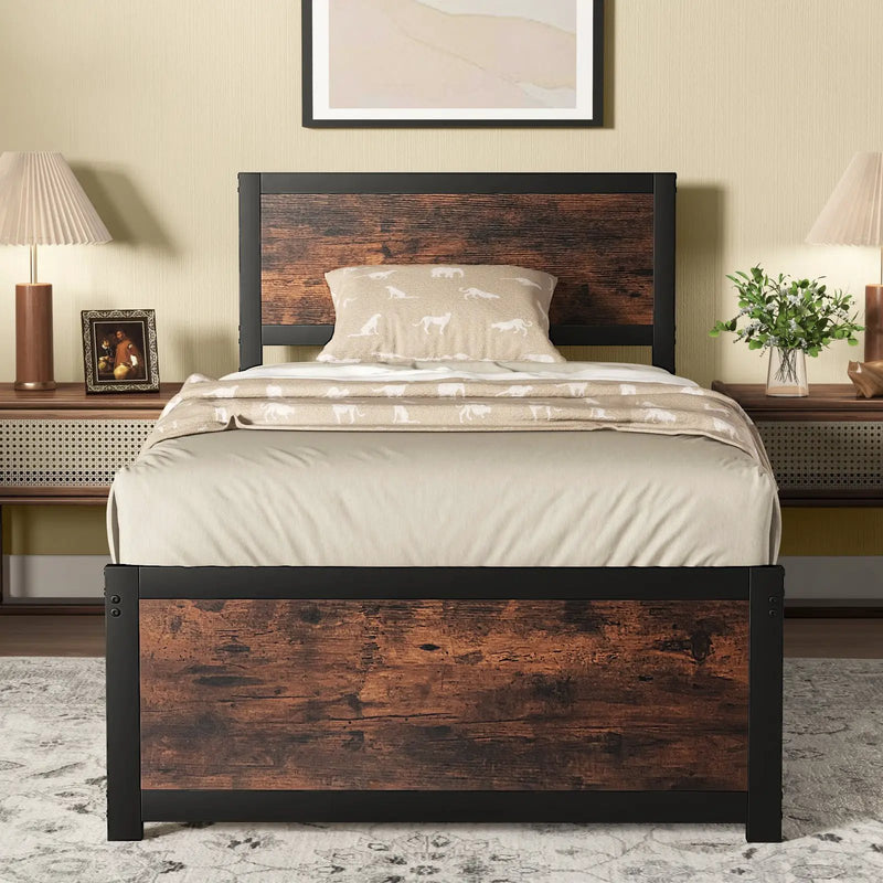 Twin Size Bed Frame Metal with High Headboard and Mute Bars-Twin Size by DirectDeals