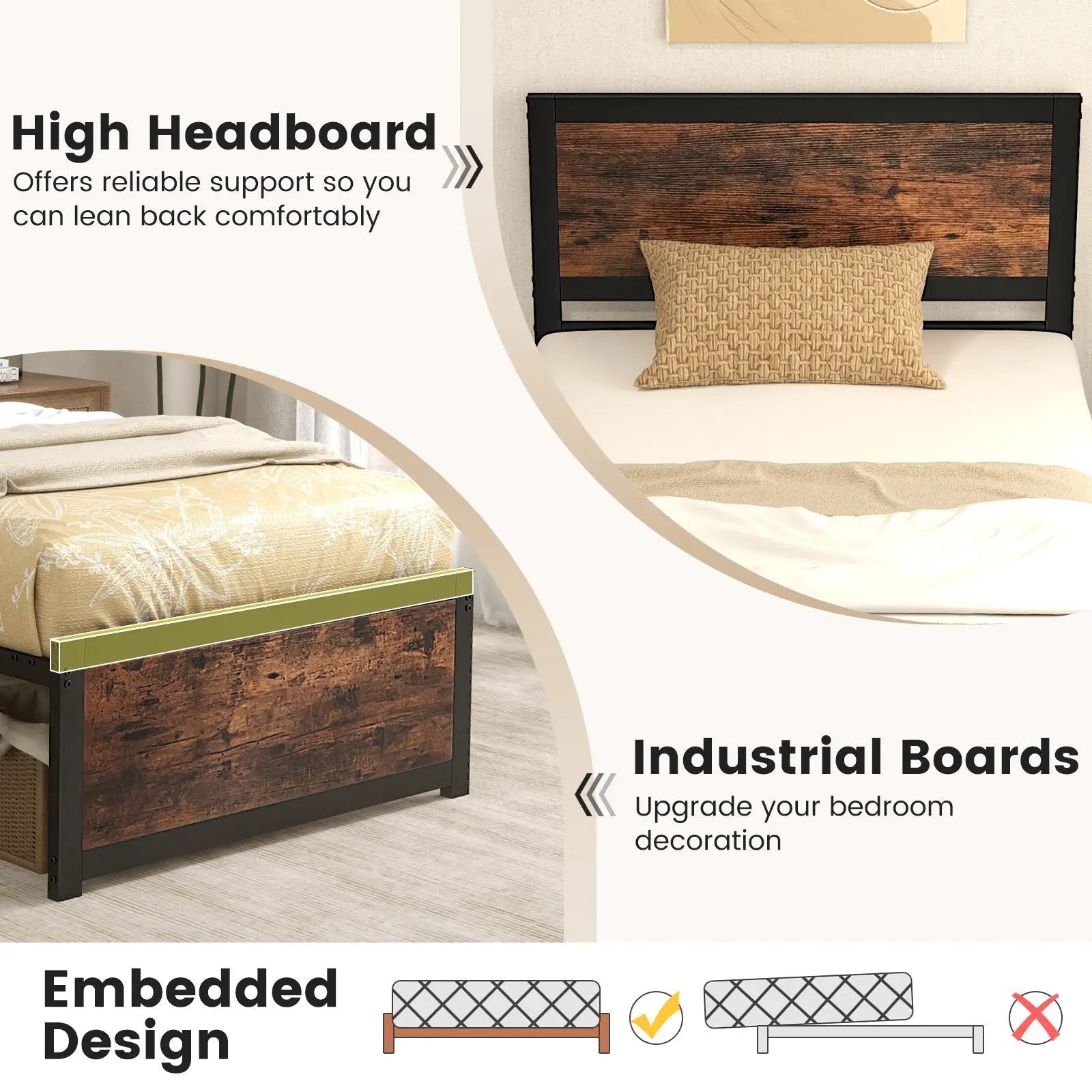 Twin Size Bed Frame Metal with High Headboard and Mute Bars-Twin Size by DirectDeals